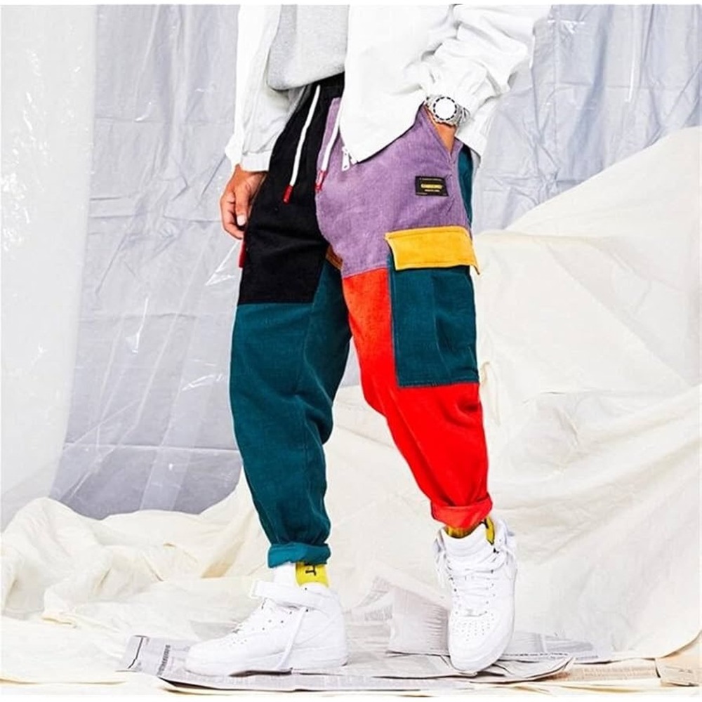 Aelfric Eden Mens Patchwork Corduroy Cargo Pants Colorblock Streetwear vtg